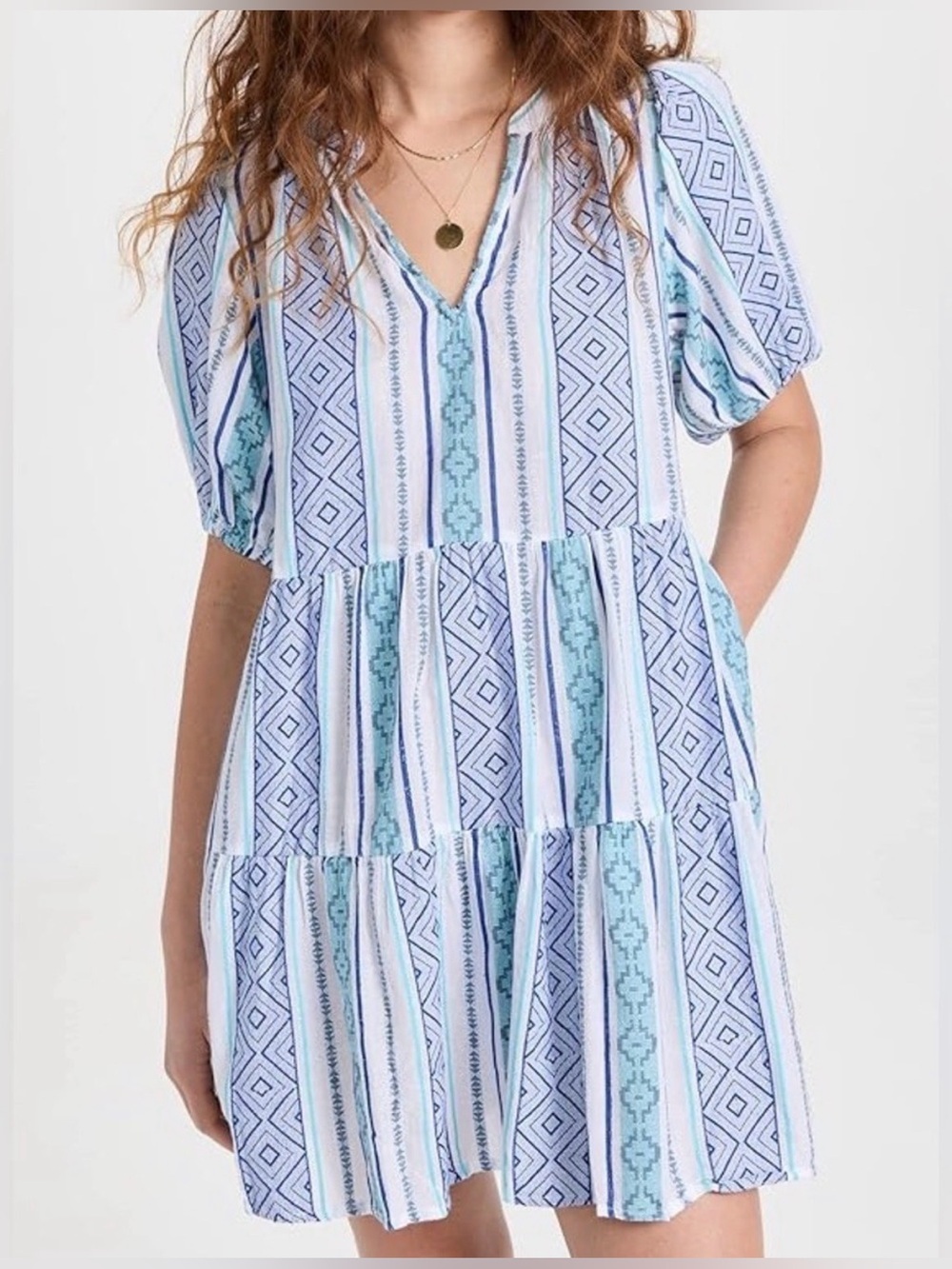 Velvet Women Dress Blue Madeline Cotton Gauze Mini V Neck Tiered Geo Boho Medium